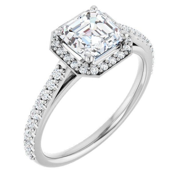 White metal engagement ring with asscher-cut lab diamond center stone surrounded by halo and pavé diamond band.