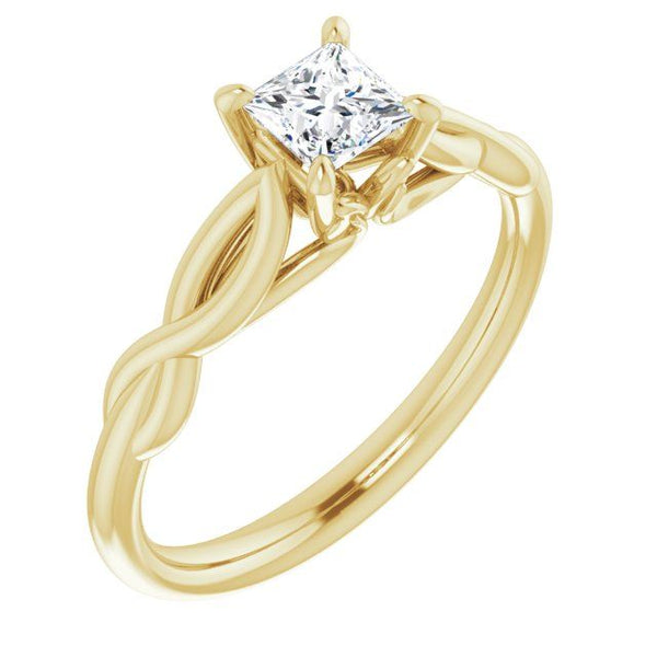 Gold engagement ring with square-cut clear stone in four-prong setting and twisted band design.