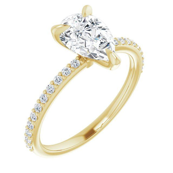 Yellow gold engagement ring with pear-shaped diamond center stone and diamond-accented band.