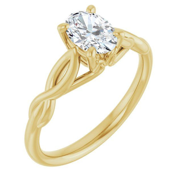 Yellow gold solitaire ring with oval-cut clear stone in four-prong setting and twisted band design.