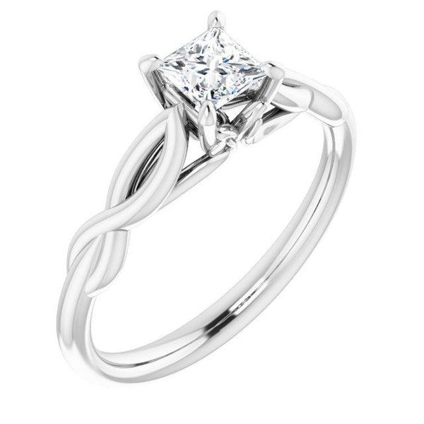 Silver solitaire engagement ring with square cut diamond and twisted band design.