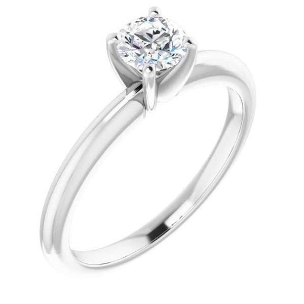 White metal solitaire engagement ring with round brilliant-cut diamond in four-prong setting.