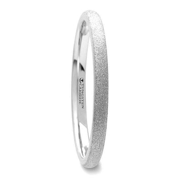 Thin domed tungsten carbide ring with sandblasted crystalline finish, interior stamped 'Tungsten Carbide', 2mm width