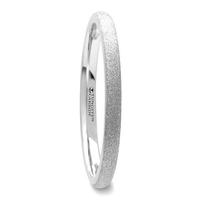 Thin domed tungsten carbide ring with sandblasted crystalline finish, interior stamped 'Tungsten Carbide', 2mm width