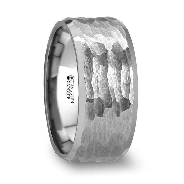 MARTEL White Tungsten Ring with Hammered Finish and Polished Bevels - 8mm & 10mm - Larson Jewelers