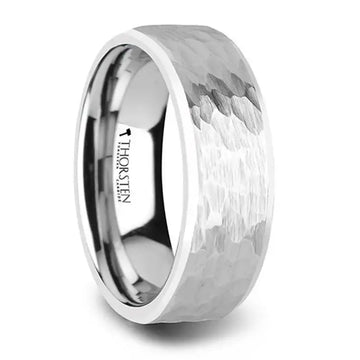 MARTEL White Tungsten Ring with Hammered Finish and Polished Bevels - 10mm - Larson Jewelers