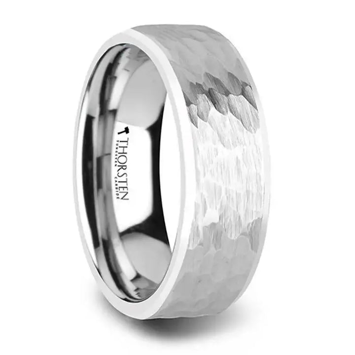 MARTEL White Tungsten Ring with Hammered Finish and Polished Bevels - 10mm - Larson Jewelers