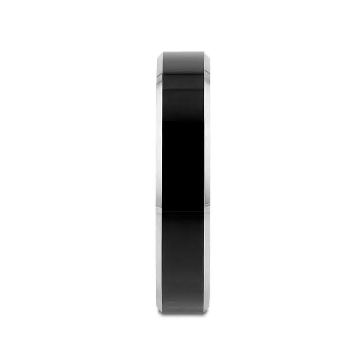Front profile of Valencia black tungsten carbide ring showing flat polished center and bright beveled edges, 4mm