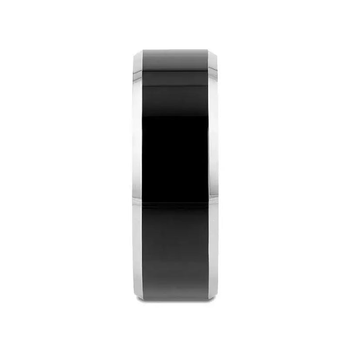 Front view showing the beveled edges and black polished center of the tungsten band