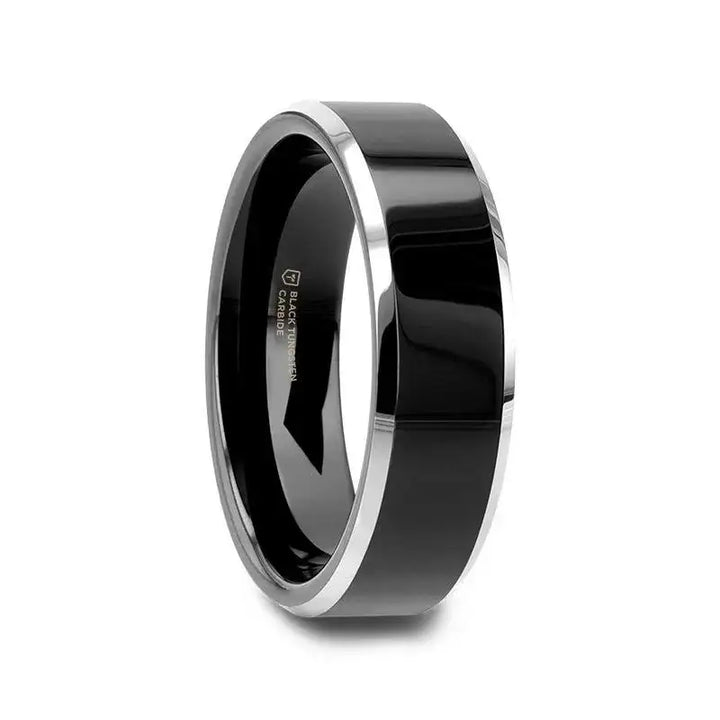 MACLAREN Black Polished Center Tungsten Wedding Band with Polished Gray Beveled Edges, 4mm–8mm - Larson Jewelers