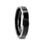 Side view of Valencia women’s black tungsten carbide ring with polished center and white tungsten beveled edges, 4mm width