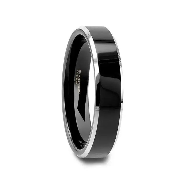 Close-up of the black tungsten wedding band with polished gray beveled edges worn on finger