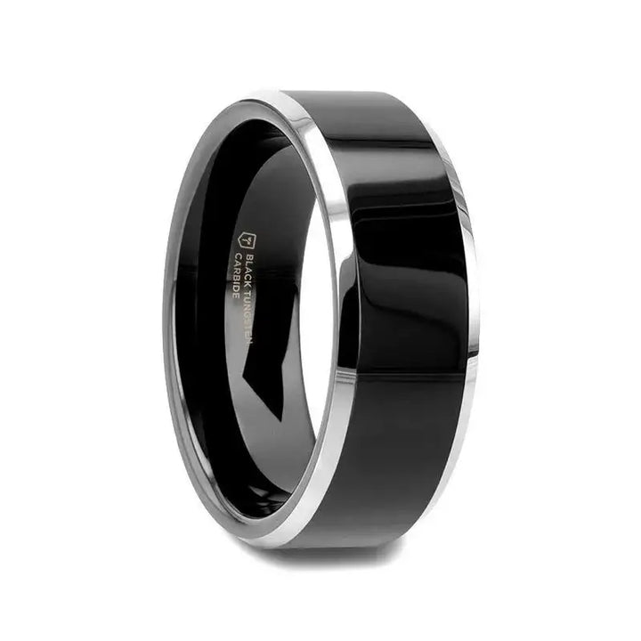 Side view of a black polished tungsten carbide wedding band with shiny gray beveled edges
