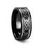 Angled view of a black tungsten carbide ring with laser-engraved Celtic knot pattern, 8mm width