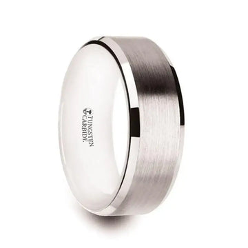 ANTARES white tungsten carbide men’s wedding ring, 8mm width, brushed center with polished beveled edges and glossy white interior, angled product view