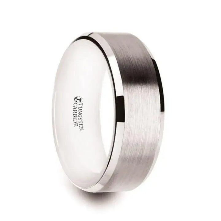 ANTARES white tungsten carbide men’s wedding ring, 8mm width, brushed center with polished beveled edges and glossy white interior, angled product view