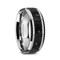 KILAUEA Men’s Polished Tungsten Wedding Band with Black & Gray Lava Rock Stone Inlay & Polished Beveled Edges - 8mm - Larson Jewelers
