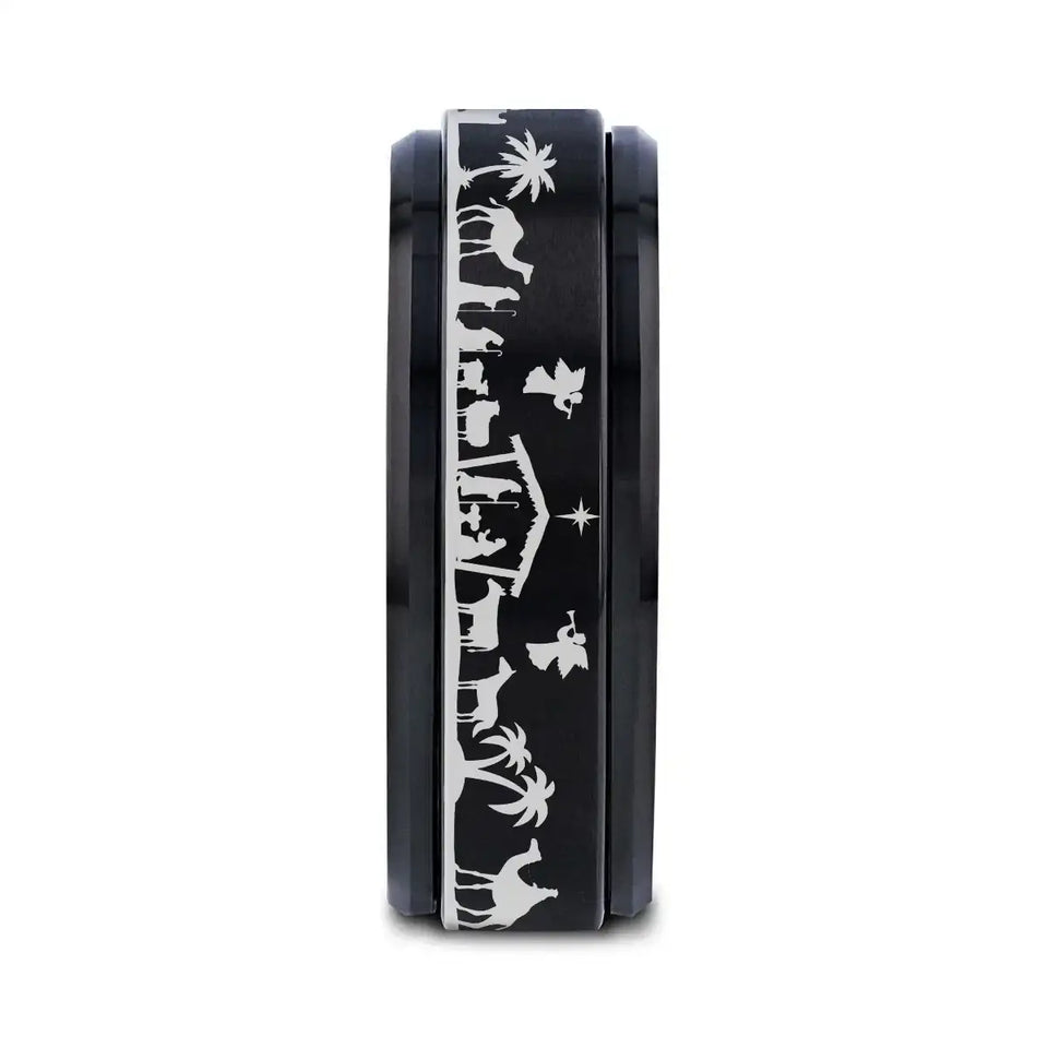 NATIVITY SCENE on Spinning Black Tungsten Carbide Ring - Larson Jewelers