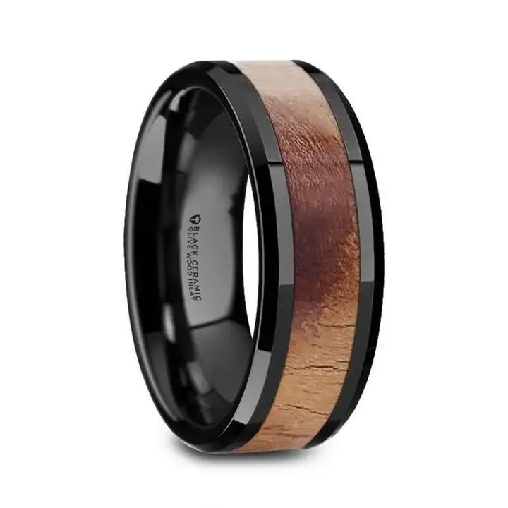MARCUS Olive Wood Inlaid Black Ceramic Ring with Bevels - 6mm & 8mm - Larson Jewelers
