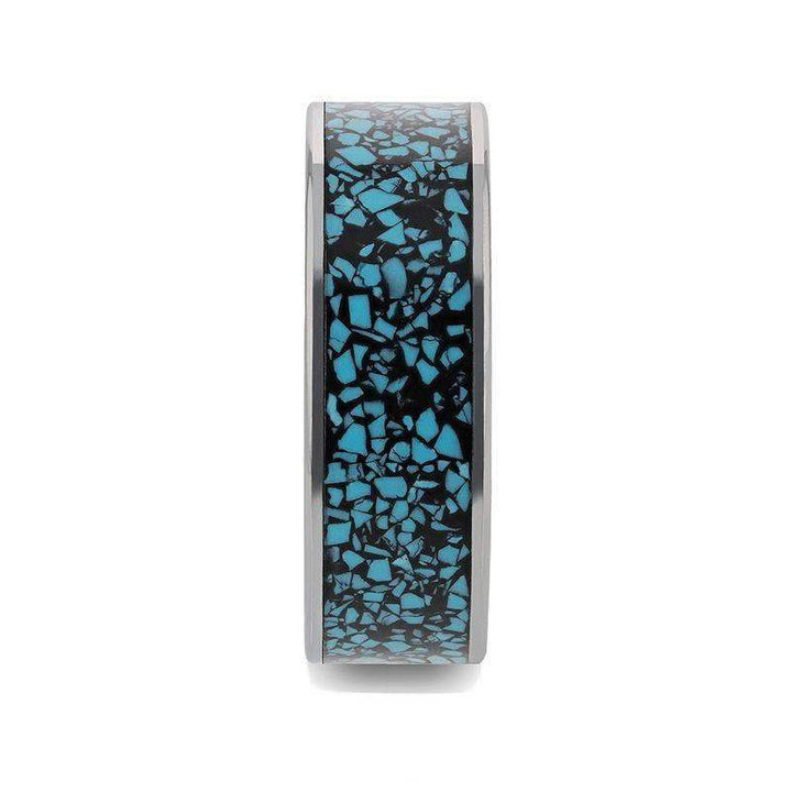 TURKUAZ Crushed Turquoise Inlay Tungsten Men's Wedding Band With Flat Polished Edges - 8mm - Larson Jewelers