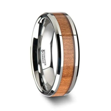 BRUNSWICK Tungsten Wedding Ring with Polished Bevels and American Cherry Wood Inlay - 6mm - 10mm - Larson Jewelers