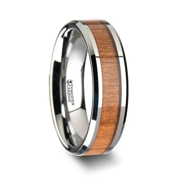 BRUNSWICK Tungsten Wedding Ring with Polished Bevels and American Cherry Wood Inlay - 6mm - 10mm - Larson Jewelers