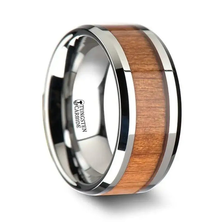 BRUNSWICK Tungsten Wedding Ring with Polished Bevels and American Cherry Wood Inlay - 6mm - 10mm - Larson Jewelers
