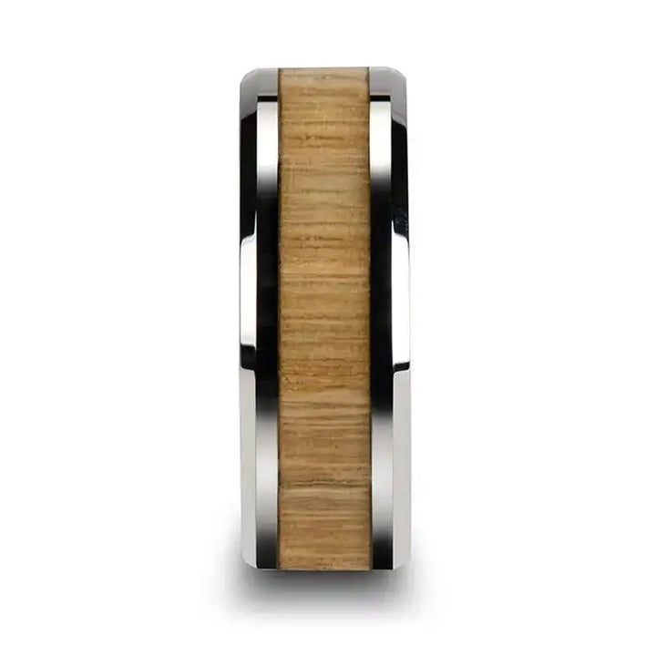 SAMARA Tungsten Ring with Polished Bevels and Real Wood Ash Wood Inlay - 6mm - 10mm - Larson Jewelers