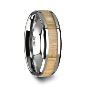 SAMARA Tungsten Ring with Polished Bevels and Real Wood Ash Wood Inlay - 6mm - 10mm - Larson Jewelers