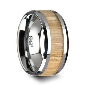 SAMARA Tungsten Ring with Polished Bevels and Real Wood Ash Wood Inlay - 6mm - 10mm - Larson Jewelers