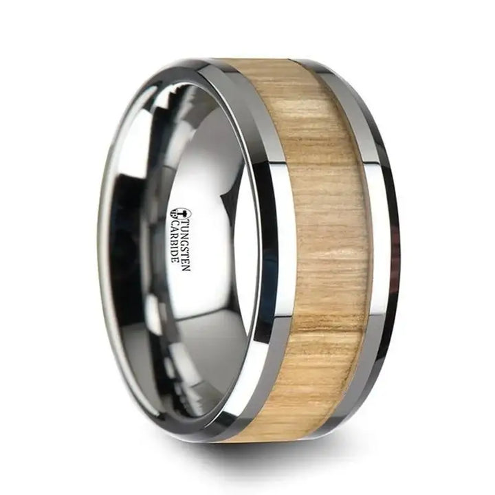 SAMARA Tungsten Ring with Polished Bevels and Real Wood Ash Wood Inlay - 6mm - 10mm - Larson Jewelers