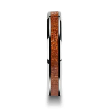 KHAYA Tungsten Band with Polished Bevels and Real Hardwood Mahogany Inlay - 4mm - Larson Jewelers