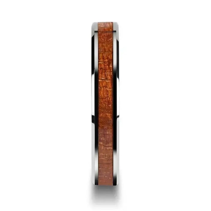 KHAYA Tungsten Band with Polished Bevels and Real Hardwood Mahogany Inlay - 4mm - Larson Jewelers