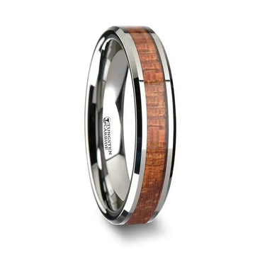 KHAYA Tungsten Band with Polished Bevels and Real Hardwood Mahogany Inlay - 4mm - Larson Jewelers