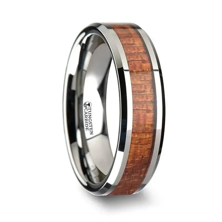 KHAYA Tungsten Band with Polished Bevels and Real Hardwood Mahogany Inlay - 4mm - 10mm - Larson Jewelers