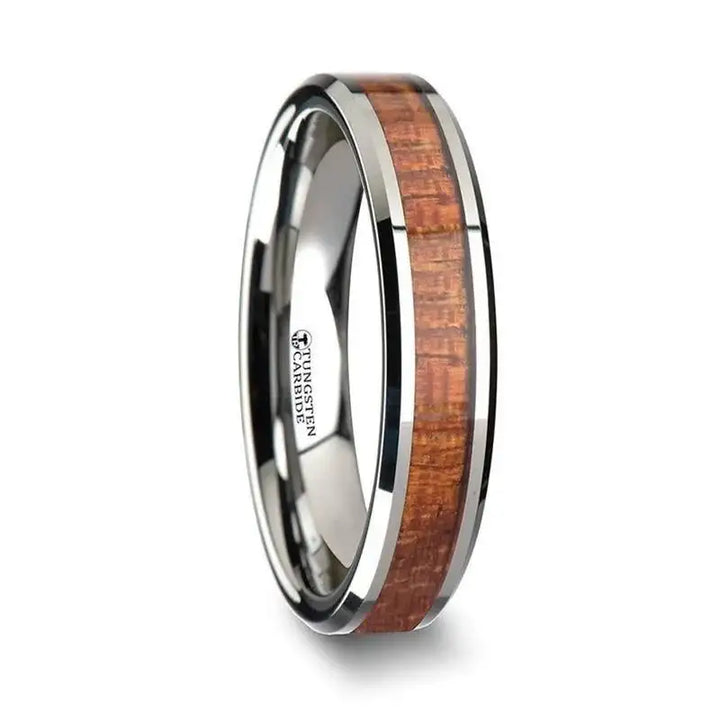 KHAYA Tungsten Band with Polished Bevels and Real Hardwood Mahogany Inlay - 4mm - 10mm - Larson Jewelers