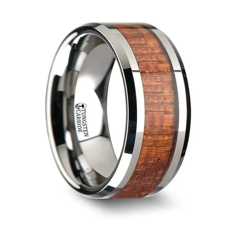 KHAYA Tungsten Band with Polished Bevels and Real Hardwood Mahogany Inlay - 4mm - 10mm - Larson Jewelers