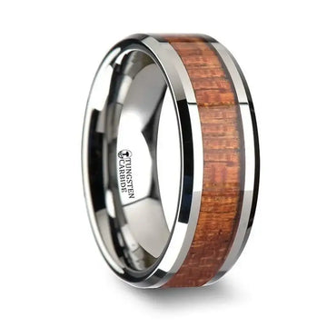KHAYA Tungsten Band with Polished Bevels and Real Hardwood Mahogany Inlay - 4mm - 10mm - Larson Jewelers