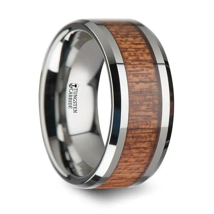 CONGO Tungsten Wedding Band with Polished Bevels and African Sapele Wood Inlay - 10 mm - Larson Jewelers