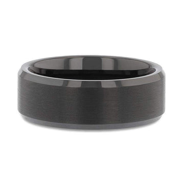 Top view of the black tungsten ring highlighting the comfort-fit interior and beveled rims