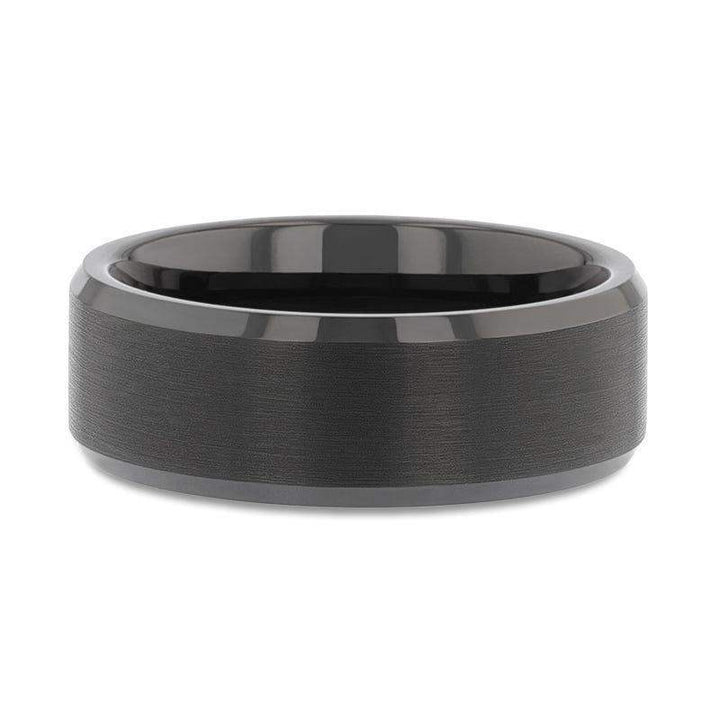 Top view of the black tungsten ring highlighting the comfort-fit interior and beveled rims