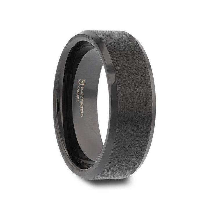 Angled side view of a black tungsten carbide ring with brushed center and polished beveled edges