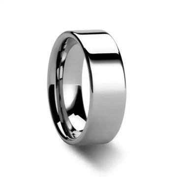 Polished flat cobalt chrome ring with comfort-fit interior shown at an angle