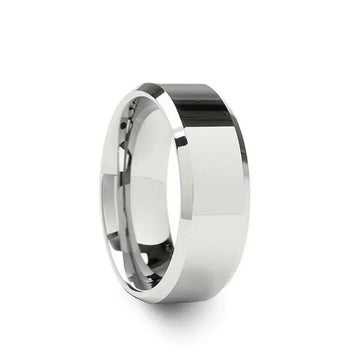 Polished cobalt chrome ring with flat center and beveled edges, comfort-fit interior, angled side view on white background