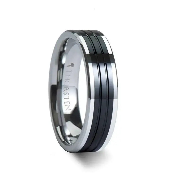 EDINBURGH Tungsten Ring with Flat Grooved Black Ceramic Inlay - 6mm - 10mm - Larson Jewelers