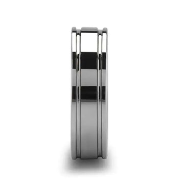 Ring shown on a hand, polished tungsten carbide band with dual offset grooves