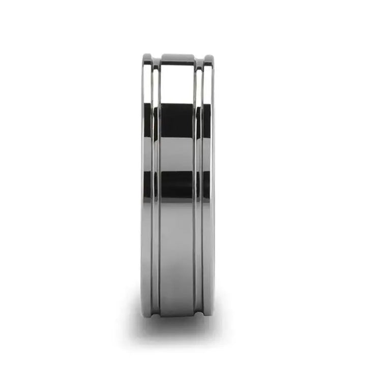 Ring shown on a hand, polished tungsten carbide band with dual offset grooves