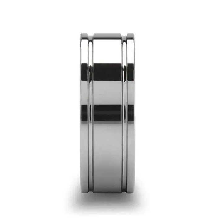 Side profile of polished tungsten carbide ring showing two offset grooves