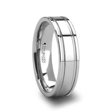 Narrow-width view of polished tungsten carbide ring with dual offset grooves