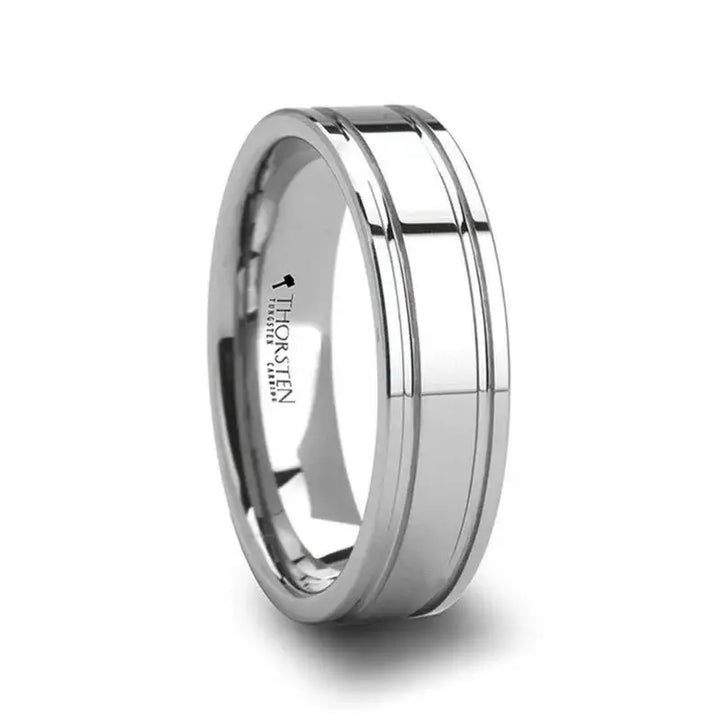 Narrow-width view of polished tungsten carbide ring with dual offset grooves